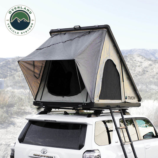 Overland Vehicle Systems LD TMON Clamshell Aluminum Hard Shell Roof Top Tent - 2 Person Capacity, Tan Body & Green Rainfly