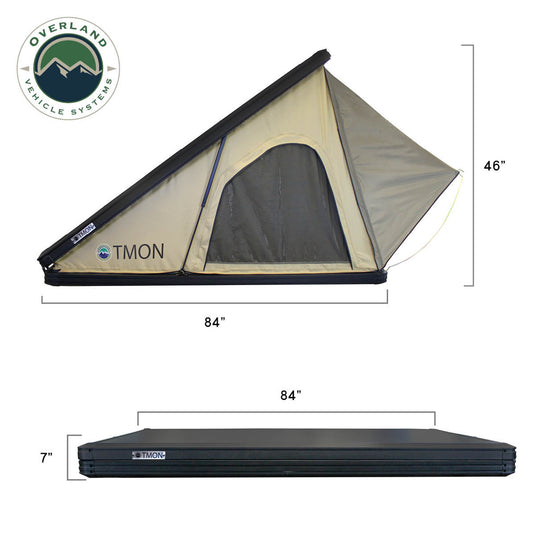 Overland Vehicle Systems LD TMON Clamshell Aluminum Hard Shell Roof Top Tent - 2 Person Capacity, Tan Body & Green Rainfly