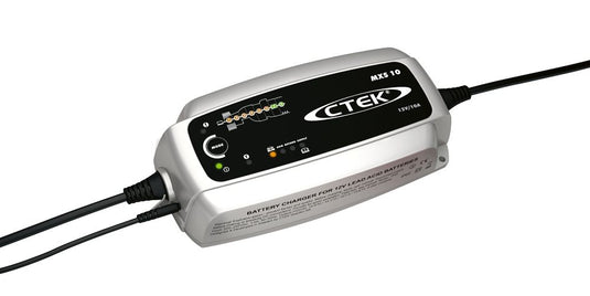 Front Runner MXS10 12V 10A Battery Charger by CTEK for lead-acid batteries with charging cables attached, isolated on white background