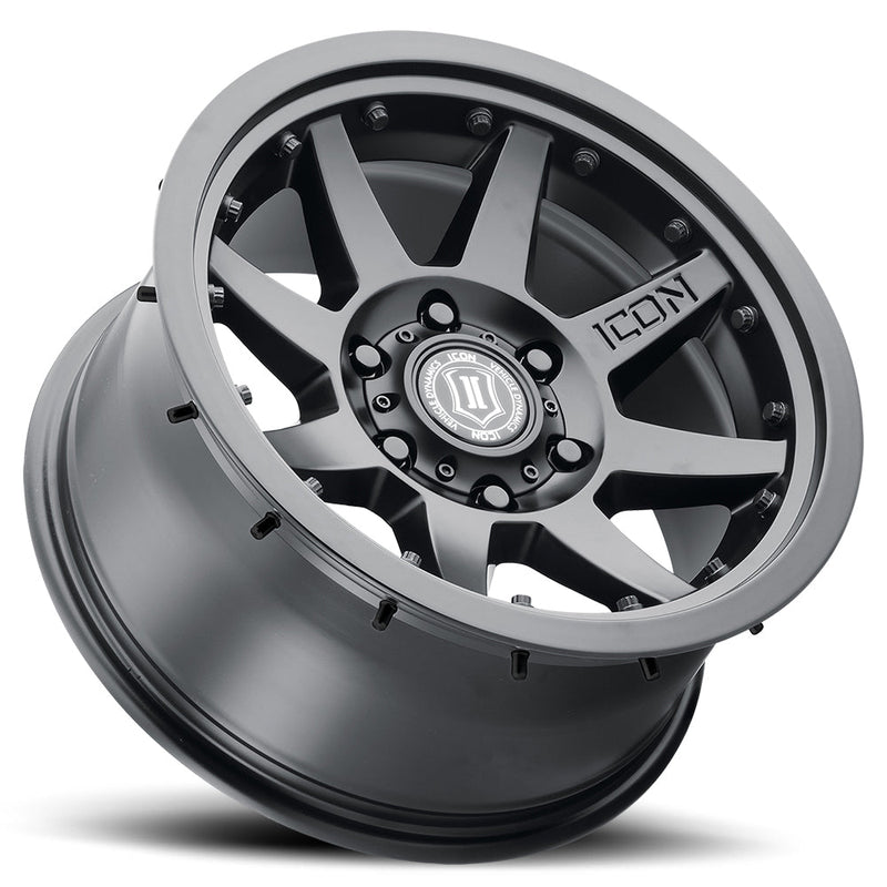 Load image into Gallery viewer, ICON Vehicle Dynamics Rebound PRO wheel in Satin Black finish, featuring robust six-spoke design and embossed ICON center cap.