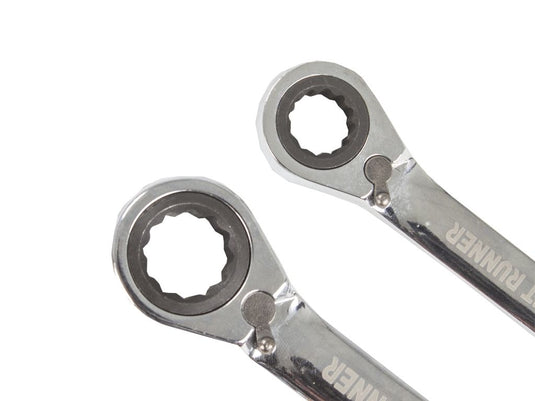 Front Runner 4 Piece Tool Kit with two chrome ratcheting spanners on white background