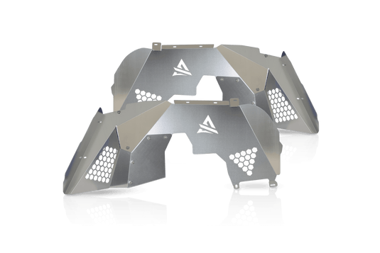 Alt text: inchAttica 4x4 Jeep Wrangler JL 2018-2023 inner fender liners, silver aluminum with logo, hexagonal vents and detailed cutouts.inch