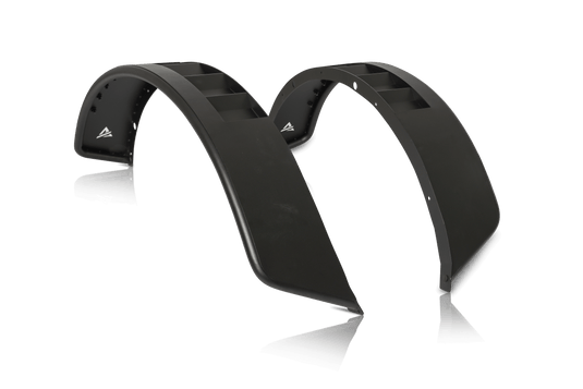 Alt text: inchAttica black rear fender flares for 2021-2024 Ford Bronco 2Dr and 4Dr models isolated on black background.inch