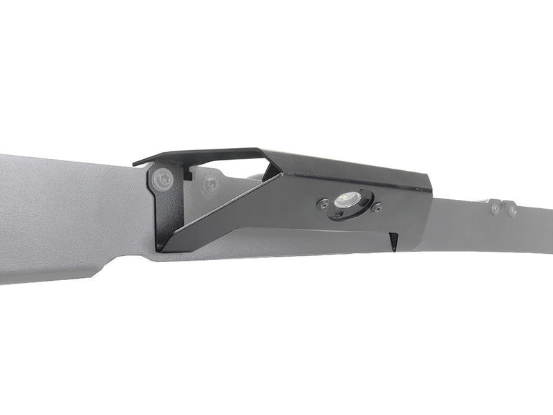 Load image into Gallery viewer, Close-up of the mounting bracket and slim design of the Front Runner Ford F-150 Super Crew Slimsport Roof Rack Kit, compatible with 2015-2020 models, ready for a lightbar installation.