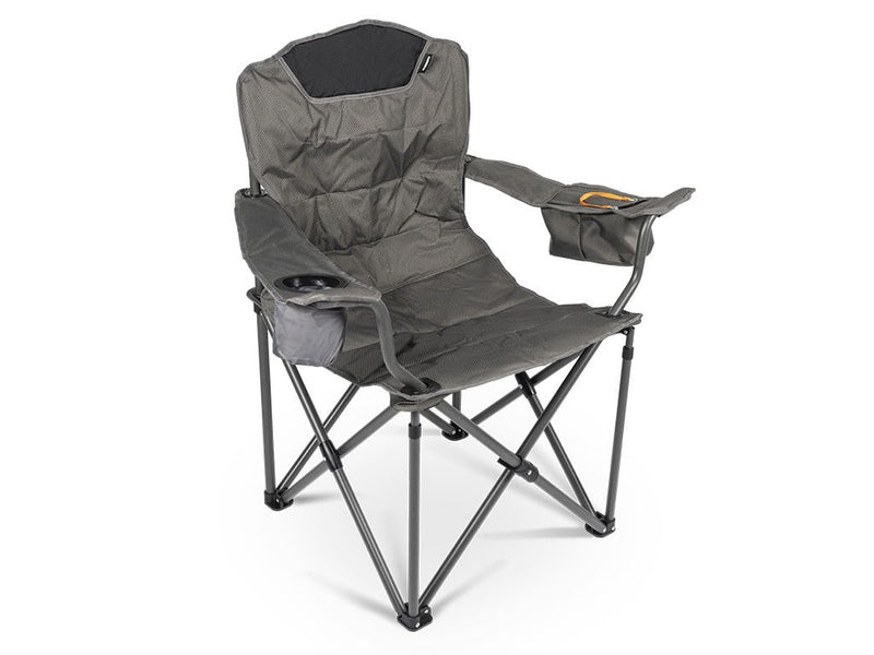 Load image into Gallery viewer, Alt text: "Front Runner Dometic Duro 180 folding chair in gray with durable frame and attached cup holder, isolated on a white background."