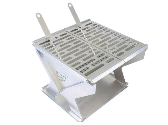 Front Runner stainless steel BBQ/Fire Pit set on a white background, showing detachable grills and emblems