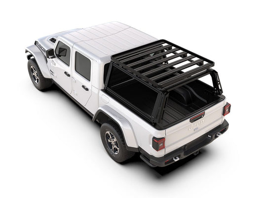 Alt text: inchWhite 2019 Jeep Gladiator equipped with Front Runner Pro Bed Rack Kit, showing a durable off-road truck bed rack system.inch