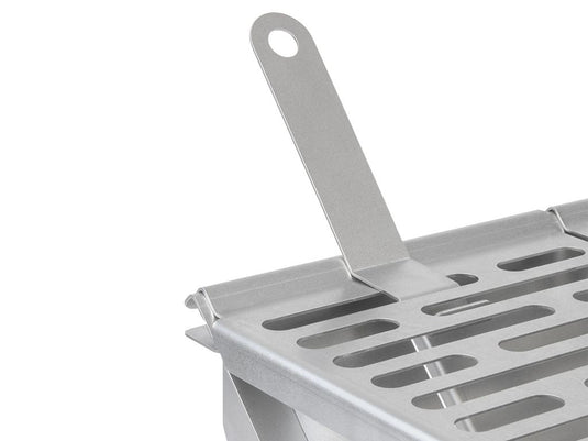 Close-up view of Front Runner BBQ/Fire Pit stainless steel grill detail with handle