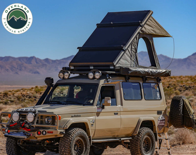 Load image into Gallery viewer, Overland Vehicle Systems HD Mamba 3 Person Clam Shell Aluminum Hard Shell Roof Top Tent, Grey Body & Green Trim