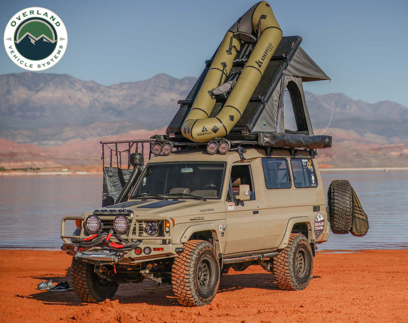 Load image into Gallery viewer, Overland Vehicle Systems HD Mamba 3 Person Clam Shell Aluminum Hard Shell Roof Top Tent, Grey Body & Green Trim
