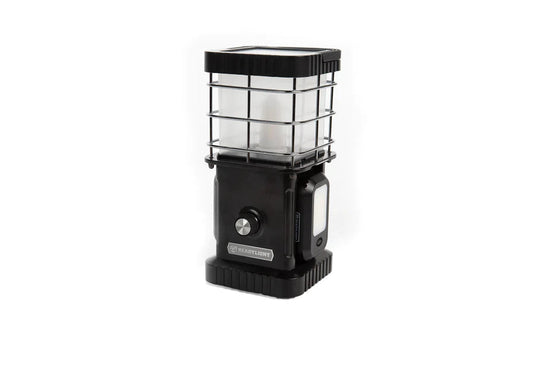 Freespirit Recreation ReadyLight portable camp lantern on a white background, showcasing its black sturdy frame, LED lights, and power buttons.