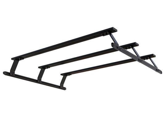 Front Runner Chevrolet Silverado Crew Cab Short Bed triple load bar kit for 2007 to current models, durable black roof rack for cargo management.