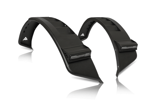 Alt text: inchAttica 4x4 Ford Bronco 2021-2024 aftermarket front fender flares with integrated lights for both 2-door and 4-door models on black background.inch