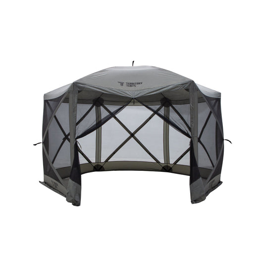 Alt text: inchTerritory Tents 6-Sided Screen Tent isolated on white background, hexagonal outdoor shelter with mesh sidesinch