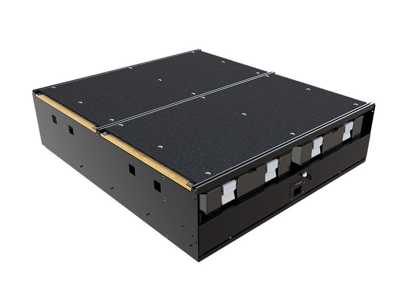 Load image into Gallery viewer, Alt text: "Black Front Runner 6 Wolf Pack Pro Drawer Wide with included boxes, vehicle storage solution, featuring secure lock and rugged design."