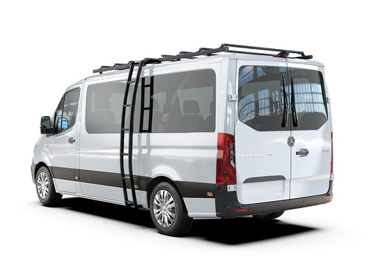 Mercedes-Benz Sprinter with Front Runner H1 Slimpro Van Rack Ladder installed, side and rear view.