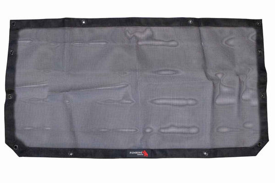 Alt text: inchFishbone Offroad front sun shade for Jeep Wrangler JL, JLU, and Gladiator JT models, featuring black mesh fabric with reinforced borders and installation grommets.inch