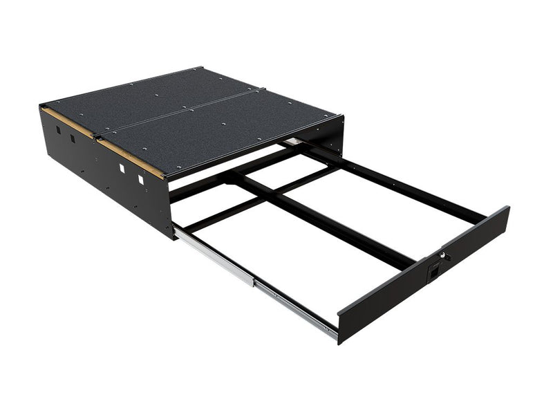 Load image into Gallery viewer, Alt text: "Front Runner 6 Wolf Pack Pro Drawer System-wide with included boxes, vehicle storage solution with slide-out drawers and black textured top platform."