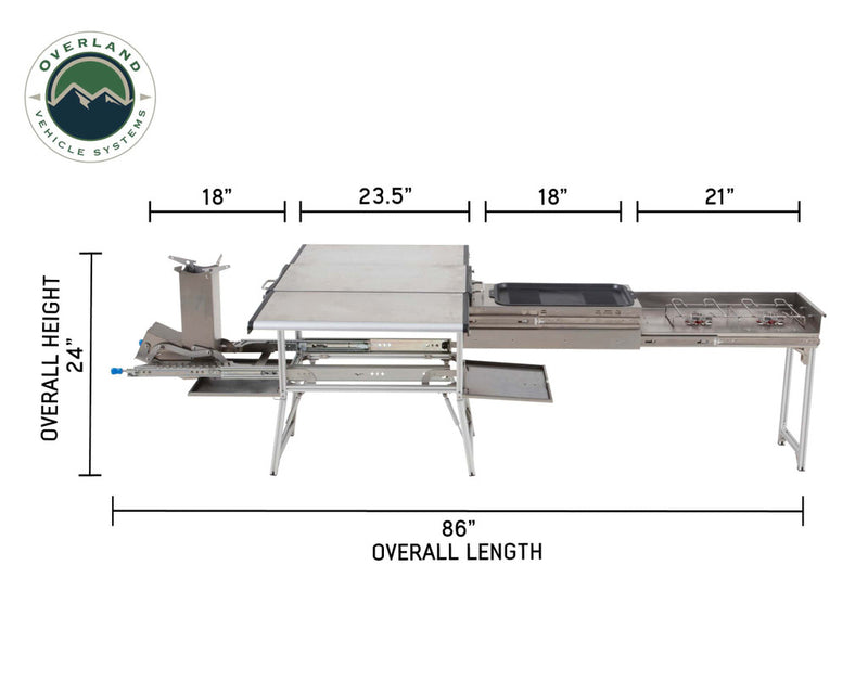 Load image into Gallery viewer, Overland Vehicle Systems Komodo Camp Kitchen - Dual Grill, Skillet, Folding Shelves, and Rocket Tower - Stainless Steel