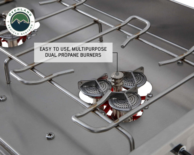 Load image into Gallery viewer, Overland Vehicle Systems Komodo Camp Kitchen - Dual Grill, Skillet, Folding Shelves, and Rocket Tower - Stainless Steel