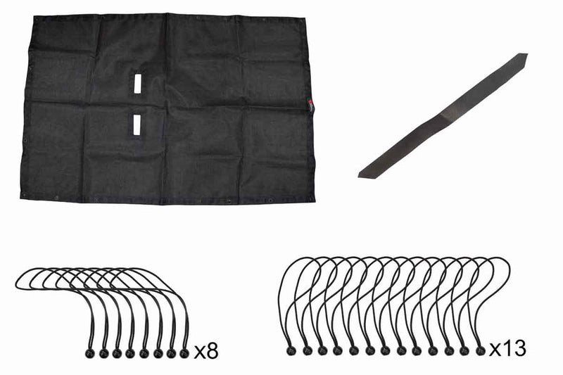 Load image into Gallery viewer, Alt text: &quot;Fishbone Offroad Jeep Wrangler Unlimited JLU Full Sun Shade kit for 2018-present models with black fabric panel, securing bungee cords, and installation foam strip.&quot;
