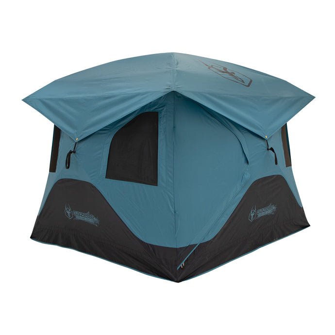 Alt text: inchGazelle Tents T3X Overland Edition Tent set up, showcasing the durable blue and gray material and spacious design.inch