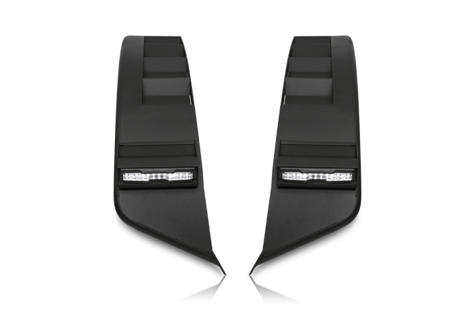 Alt text: inchAttica 4x4 Ford Bronco 2021-2024 Front Fender Flares with integrated LED lights for 2-Door and 4-Door models, shown on a black background.inch