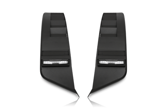 Alt text: "Attica 4x4 Ford Bronco 2021-2024 Front Fender Flares with integrated LED lights for 2-Door and 4-Door models, shown on a black background."