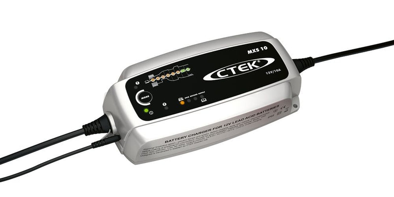 Load image into Gallery viewer, Front Runner MXS10 12V 10A Battery Charger by CTEK for lead-acid batteries with charging cables attached, isolated on white background
