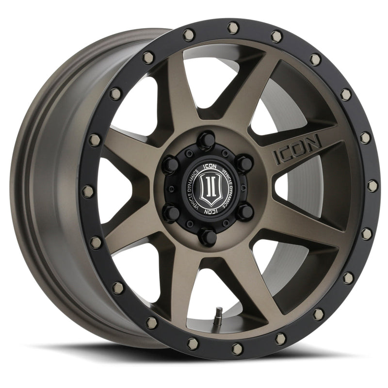Load image into Gallery viewer, ICON Vehicle Dynamics Rebound wheel in bronze with 6-spoke design and black accents, showcasing the ICON logo on the center cap.
