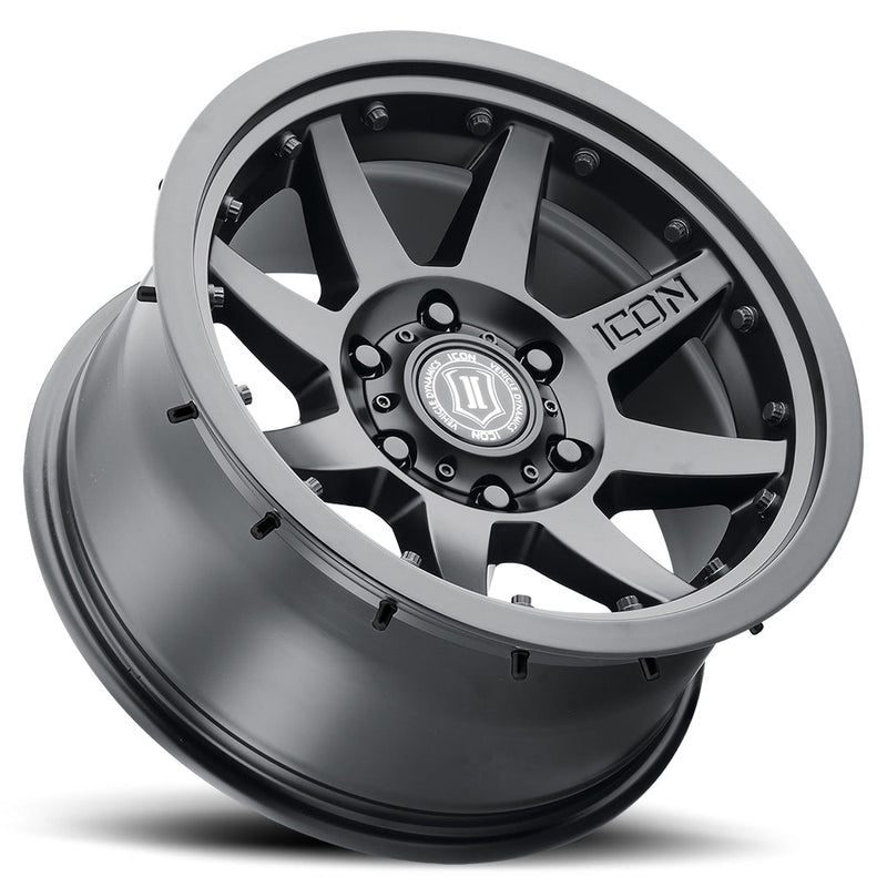 Load image into Gallery viewer, ICON Vehicle Dynamics Rebound PRO wheel in Satin Black finish, featuring robust six-spoke design and embossed ICON center cap.
