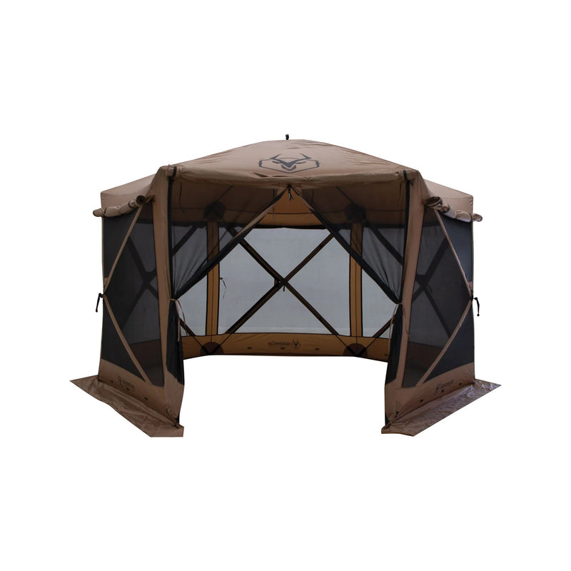 Load image into Gallery viewer, Gazelle Tents G6 Deluxe brown 6-Sided Portable Gazebo with open doors on white background
