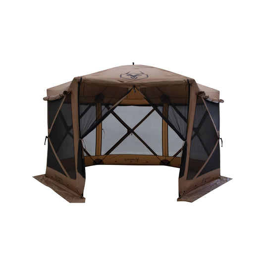 Gazelle Tents G6 Deluxe brown 6-Sided Portable Gazebo with open doors on white background