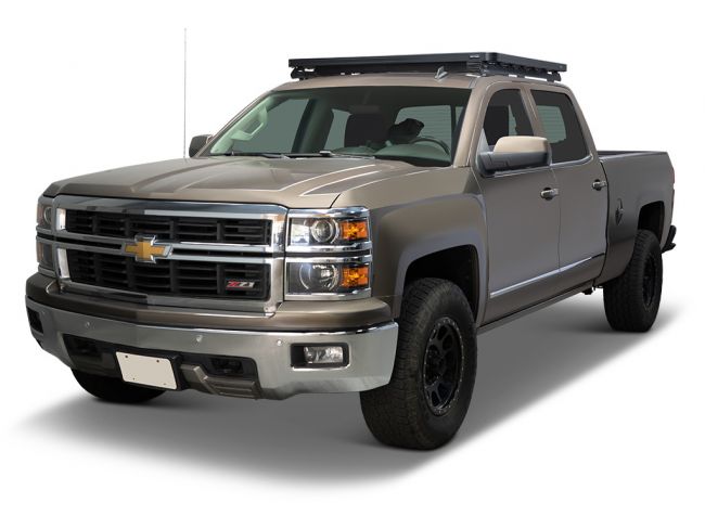 Chevrolet Silverado 1500 Crew Cab with Front Runner Slimline II Roof Rack Kit installed, 2014-2018 model, side angle view.