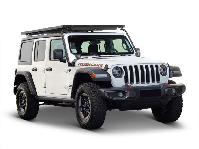 Load image into Gallery viewer, White 2018 Jeep Wrangler JL 4 Door with Front Runner Extreme Slimline II Roof Rack Kit installed, side view on white background.
