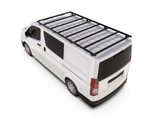 Alt text: "2019 Toyota HiAce Long Wheel Base with Front Runner Slimpro Van Rack Kit installed on roof, showcasing the rugged and durable design for additional cargo space."