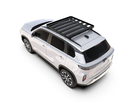 Suzuki Grand Vitara 2022 with Slimline II Roof Rail Rack by Front Runner, side and top view, installed on white SUV.