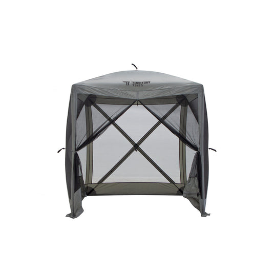 Alt text: "Territory Tents 4-Sided Portable Screen Tent set up against a white background, highlighting mesh screen design and durable frame."