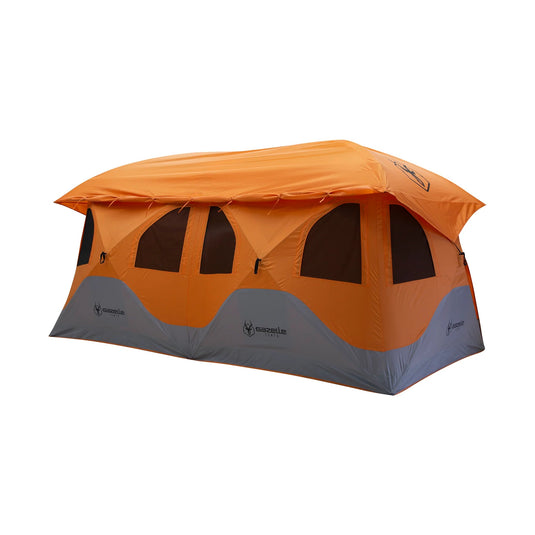 Spacious Gazelle T8 Hub Tent with orange and grey color scheme set up and ready for outdoor camping