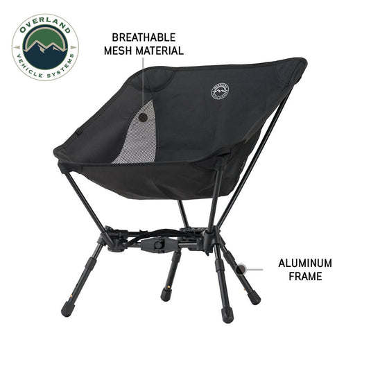 alt="Overland Vehicle Systems compact camping chair with collapsible aluminum frame and breathable mesh material"