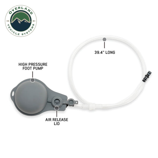 Alt text: "Overland Vehicle Systems portable camp shower 23 QT with high-pressure foot pump, air release lid, and 39.4-inch long hose with nozzle."