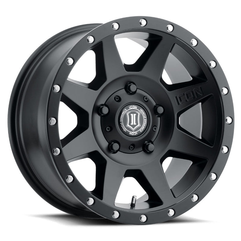 Load image into Gallery viewer, ICON Vehicle Dynamics Rebound wheel in Satin Black with logo center cap and rivet accents on rim edge.
