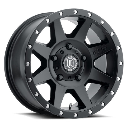 ICON Vehicle Dynamics Rebound wheel in Satin Black with logo center cap and rivet accents on rim edge.