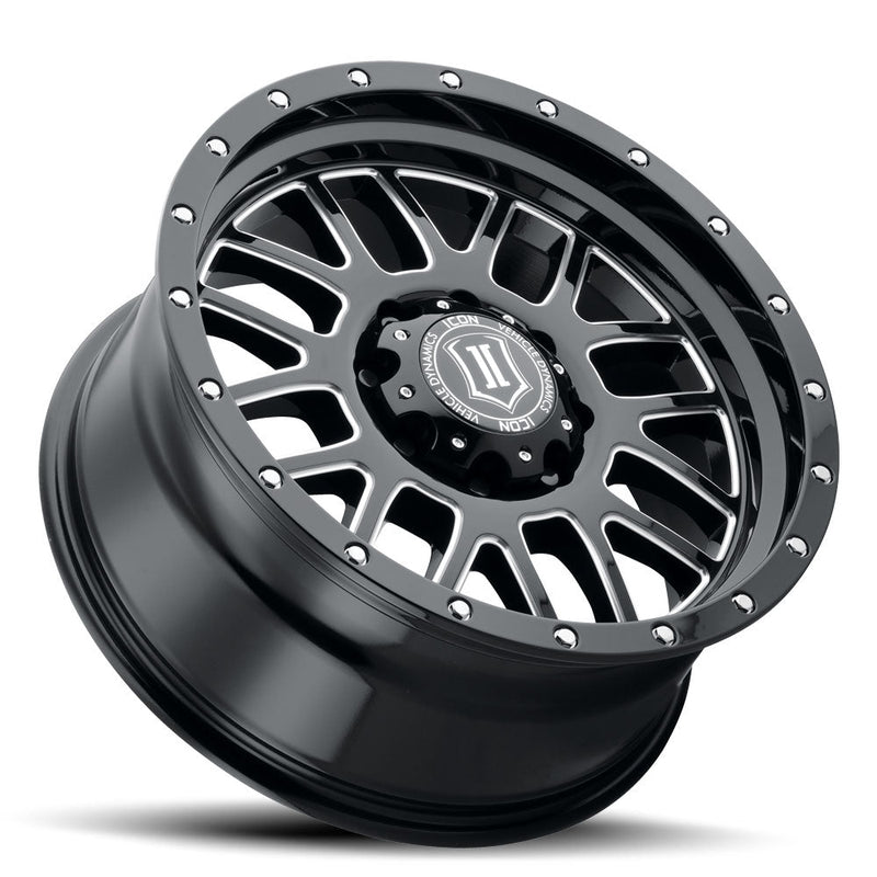 Load image into Gallery viewer, ICON Vehicle Dynamics Alpha wheel in gloss black with milled spokes and branded center cap
