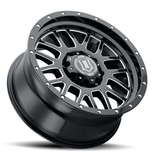 ICON Vehicle Dynamics Alpha wheel in gloss black with milled spokes and branded center cap