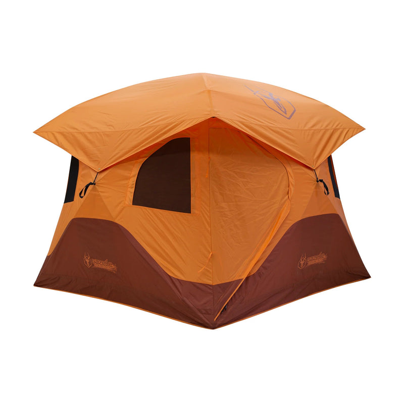 Load image into Gallery viewer, Gazelle Tents T4 Hub Tent Overland Edition set up, showcasing its orange and brown colors and spacious four-person capacity design.
