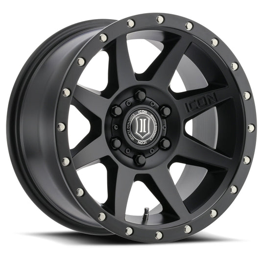 ICON Vehicle Dynamics Rebound wheel in satin black finish with distinctive multi-spoke design and branded center cap.