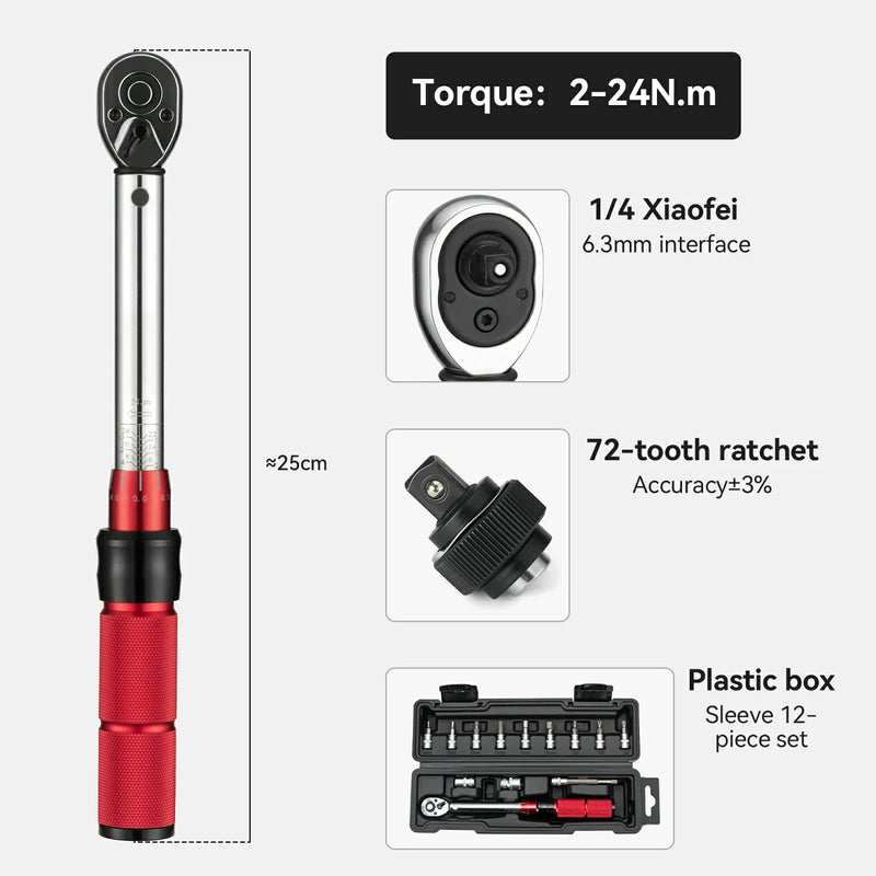 Load image into Gallery viewer, ROCKBROS 1/4 Torque 2–24Nm Micrometer Click Torque Wrench, 72-Tooth Gear Professional Precision ±3%High Accuracy
