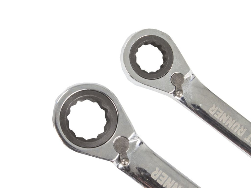 Load image into Gallery viewer, Front Runner 4 Piece Tool Kit with two chrome ratcheting spanners on white background
