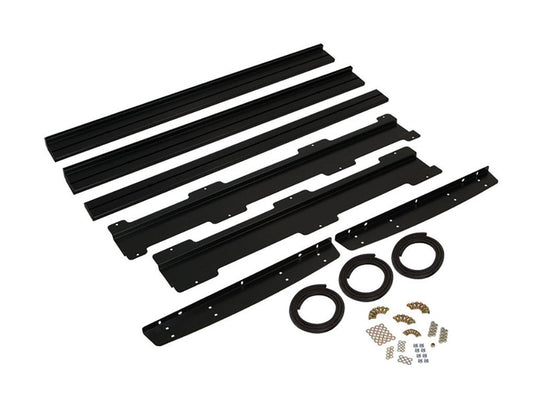 Front Runner Jeep Wrangler JKU 4-Door Cargo Storage Rack components disassembled on white background